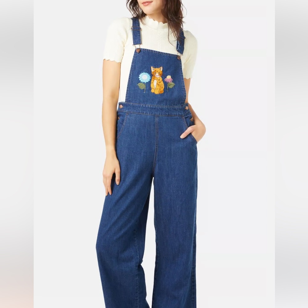 Modcloth Princess Highway Embroidered Cat Denim Overalls Sz 14 NWOT